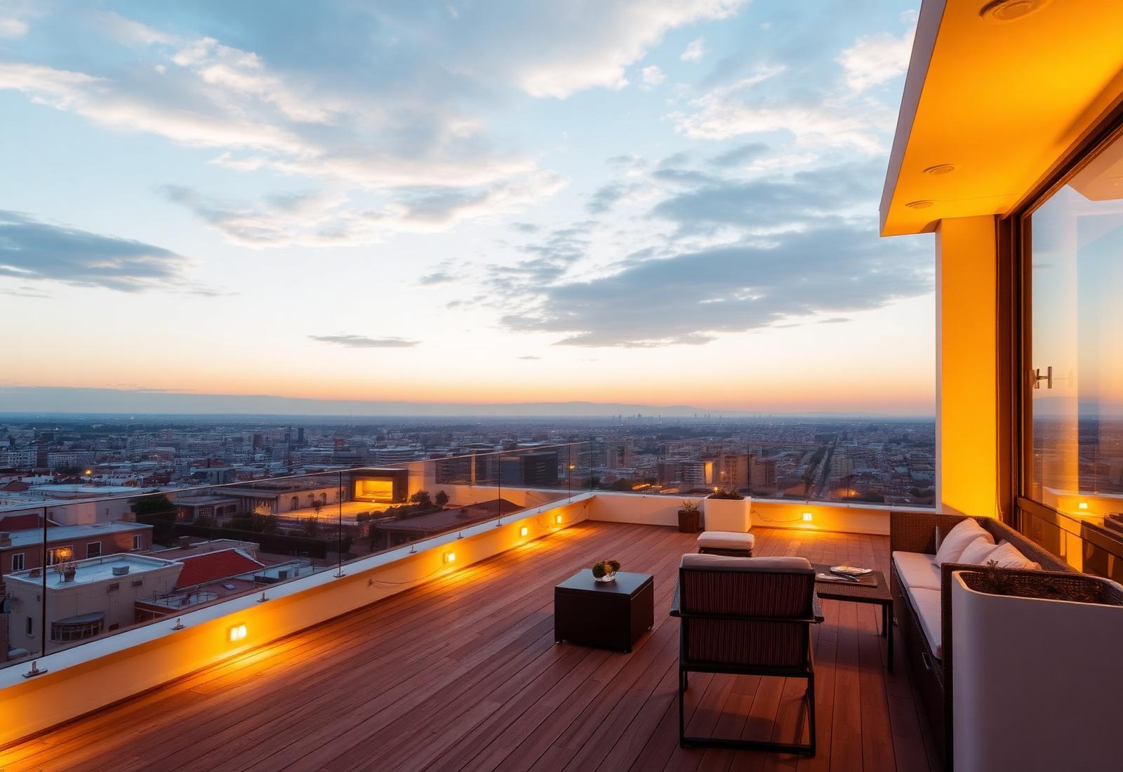 Terraza de un ático en Valencia con vistas a la ciudad al atardecer